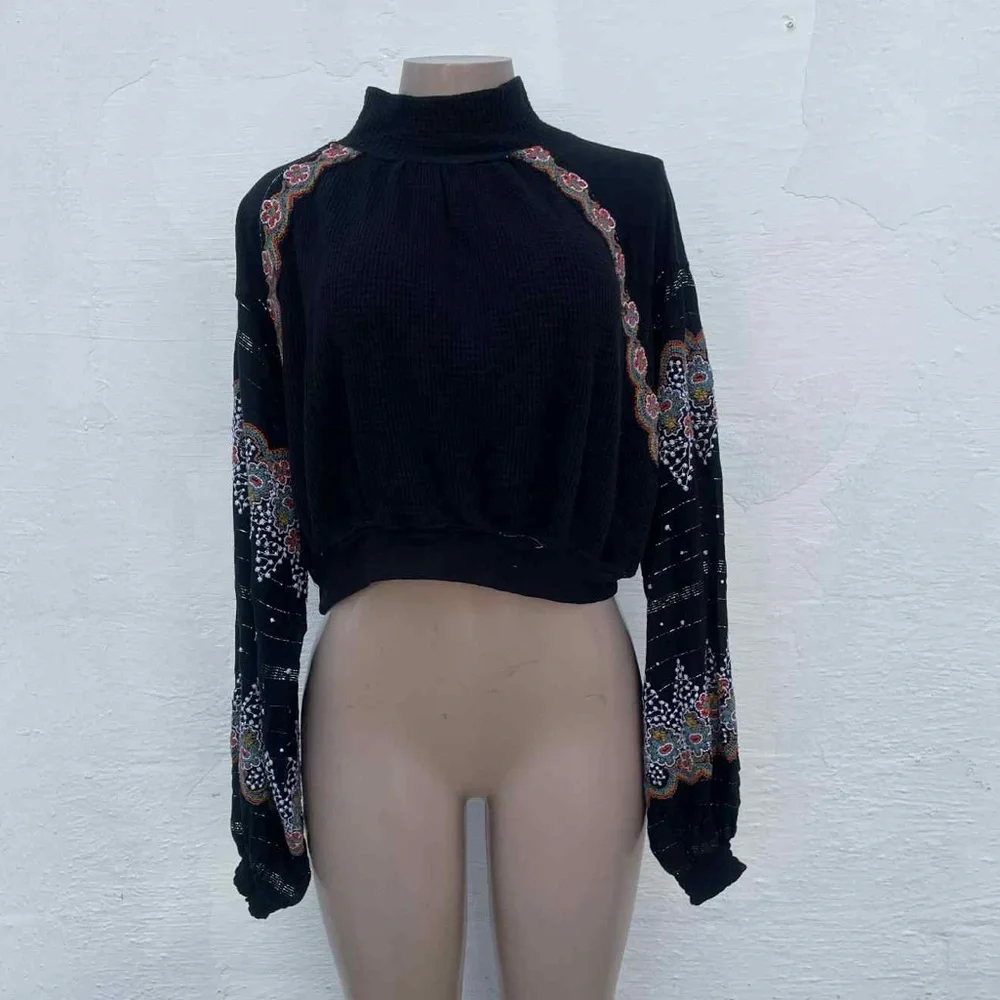 Free People Black Embroidered Blouse
